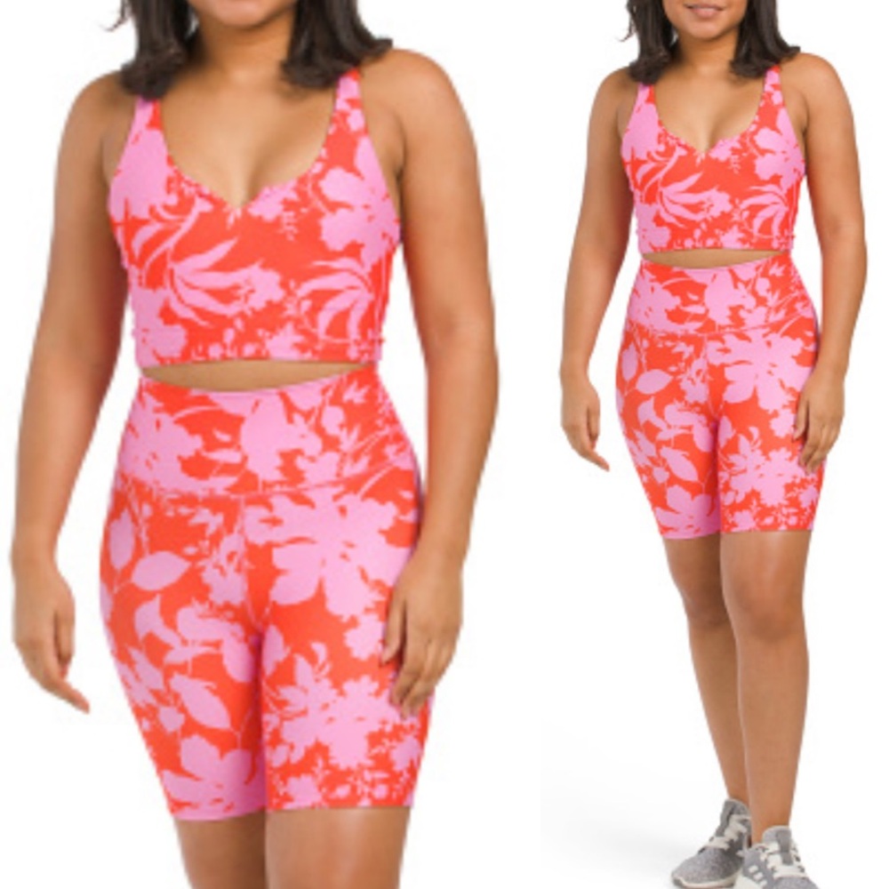 Sage Collective Hothouse floral lava pink matching bike shorts crop top size XS